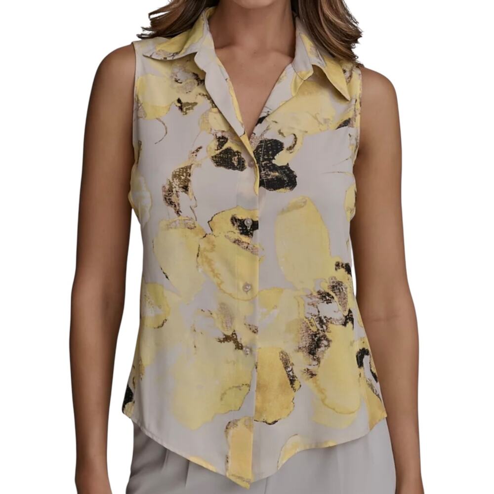 Donna Karan NY Women’s Sleeveless Button Front Blouse Lemoncella Multi Size PL